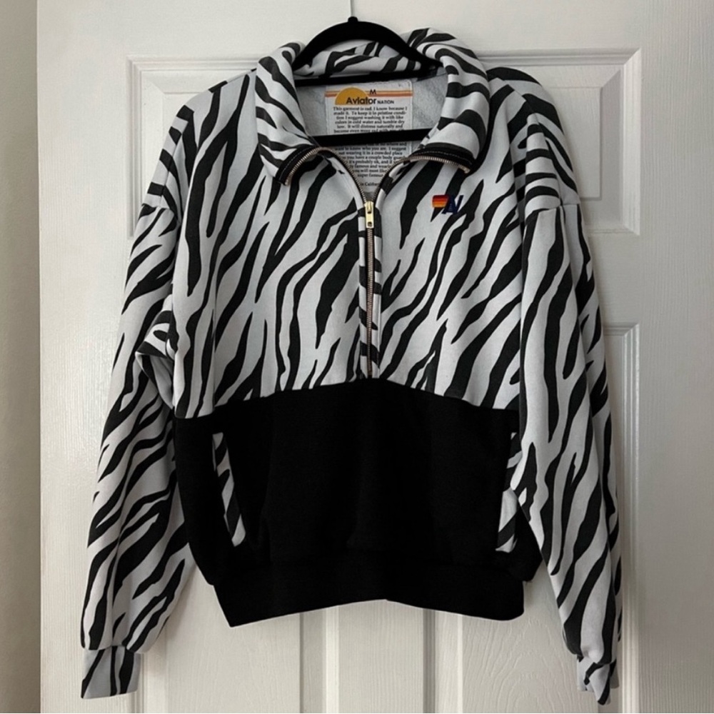 Aviator Nation Zebra Fleece Unisex Half-Zip - M - Black/White